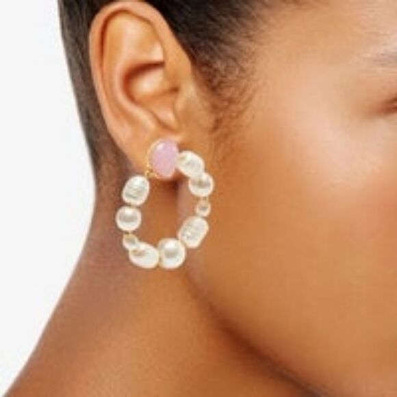 Kate Spade Fresh Baroque Pearl & Pink Jade Hoop Earrings - Picture 2 of 5